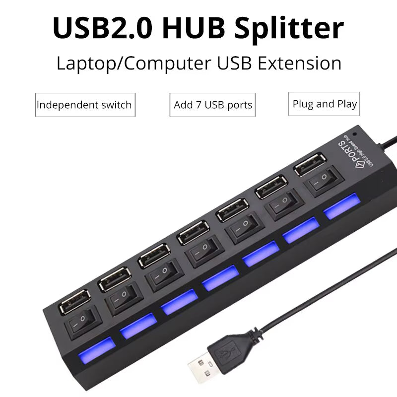 Switch Extension Hub 7-Port USB2.0 Hub Computer USB Extension Hub One Drag Seven USB2.0 Splitter PC Laptop Desktop