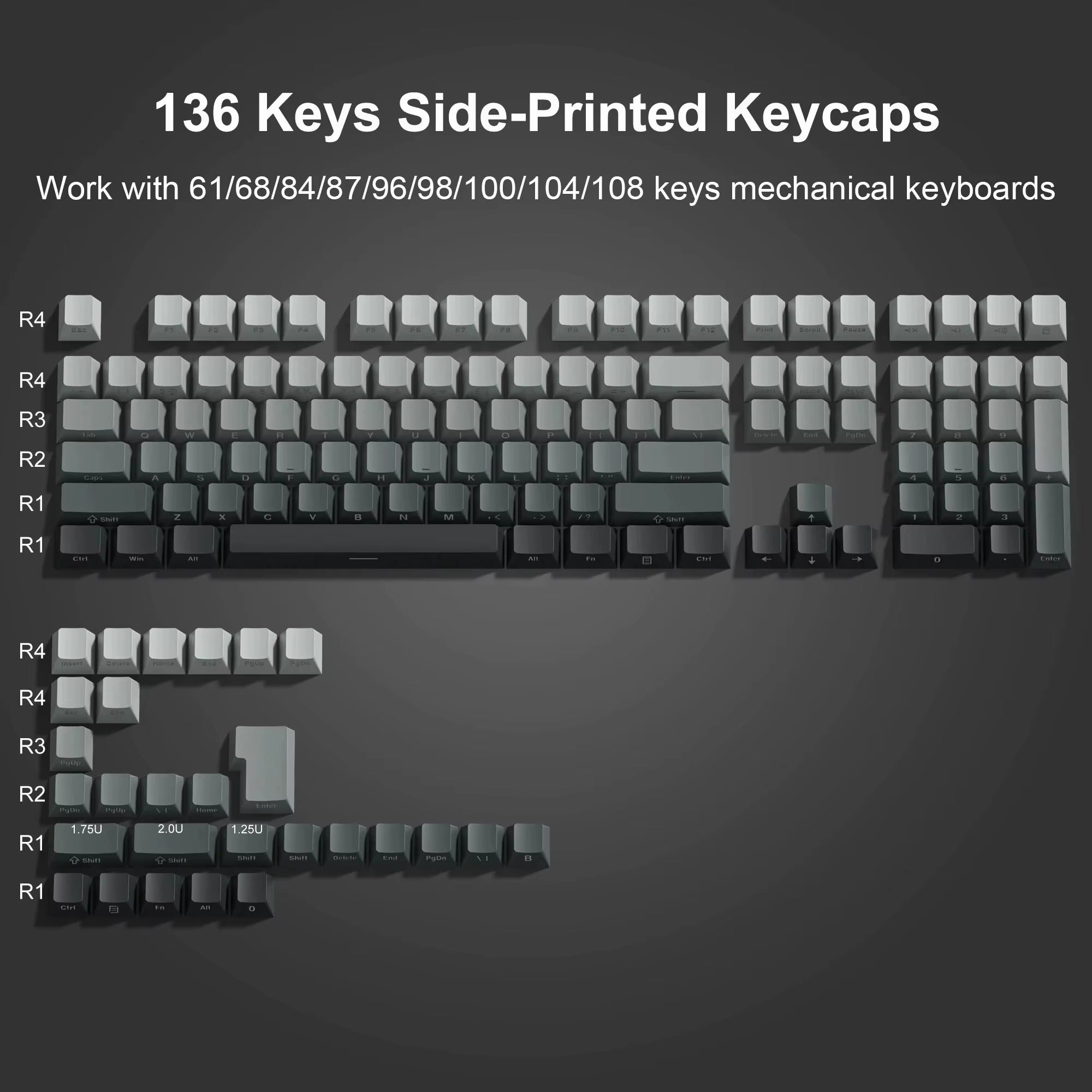 134 Key Black Topographic 4.0 PBT Keycaps Double Shot Side Print Shine through Backlit Key Caps for MX Gamer Mechanical Keyboard