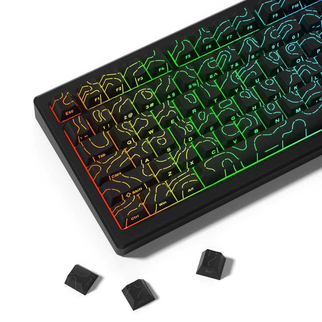 134 Key Black Topographic 4.0 PBT Keycaps Double Shot Side Print Shine through Backlit Key Caps for MX Gamer Mechanical Keyboard