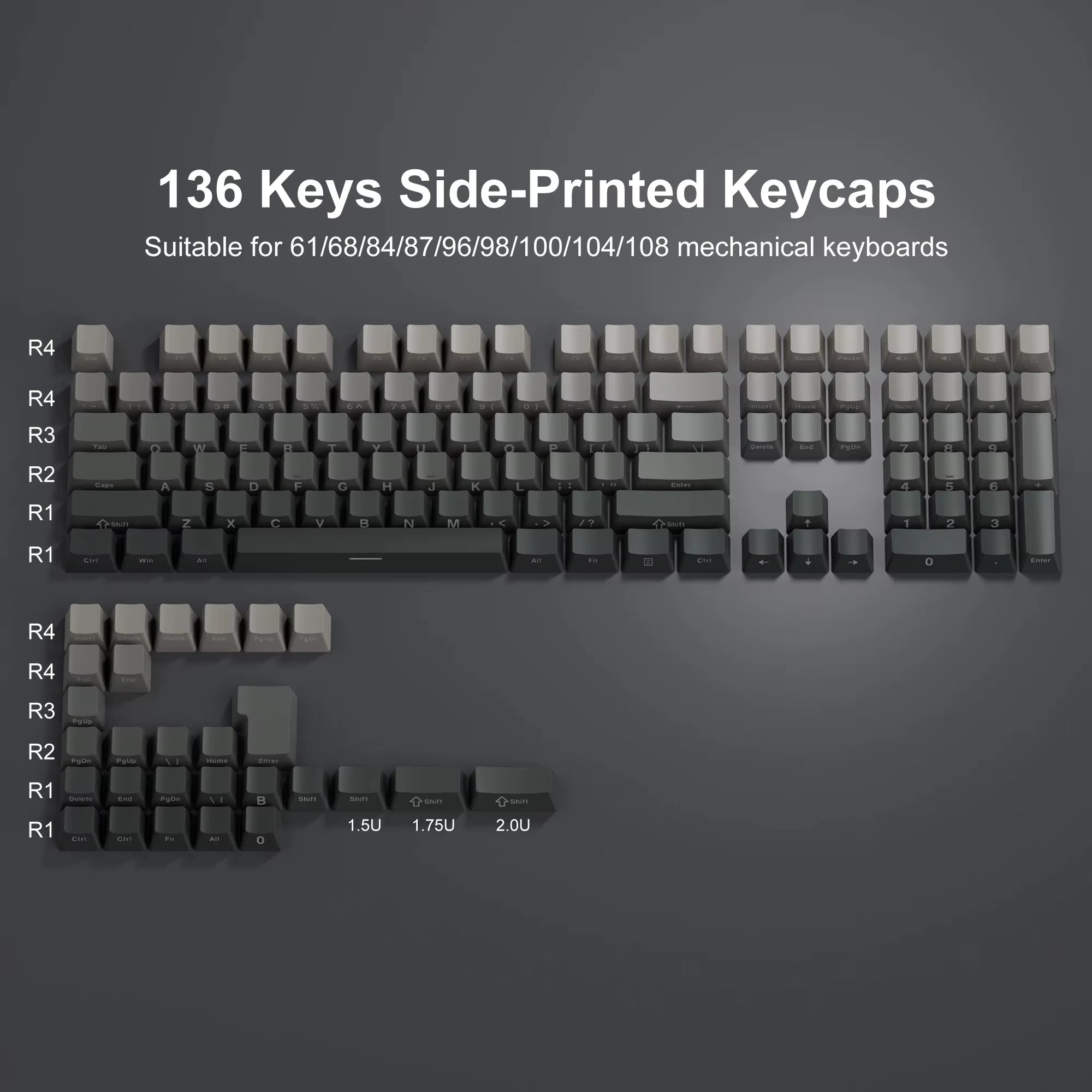 134 Key Black Topographic 4.0 PBT Keycaps Double Shot Side Print Shine through Backlit Key Caps for MX Gamer Mechanical Keyboard