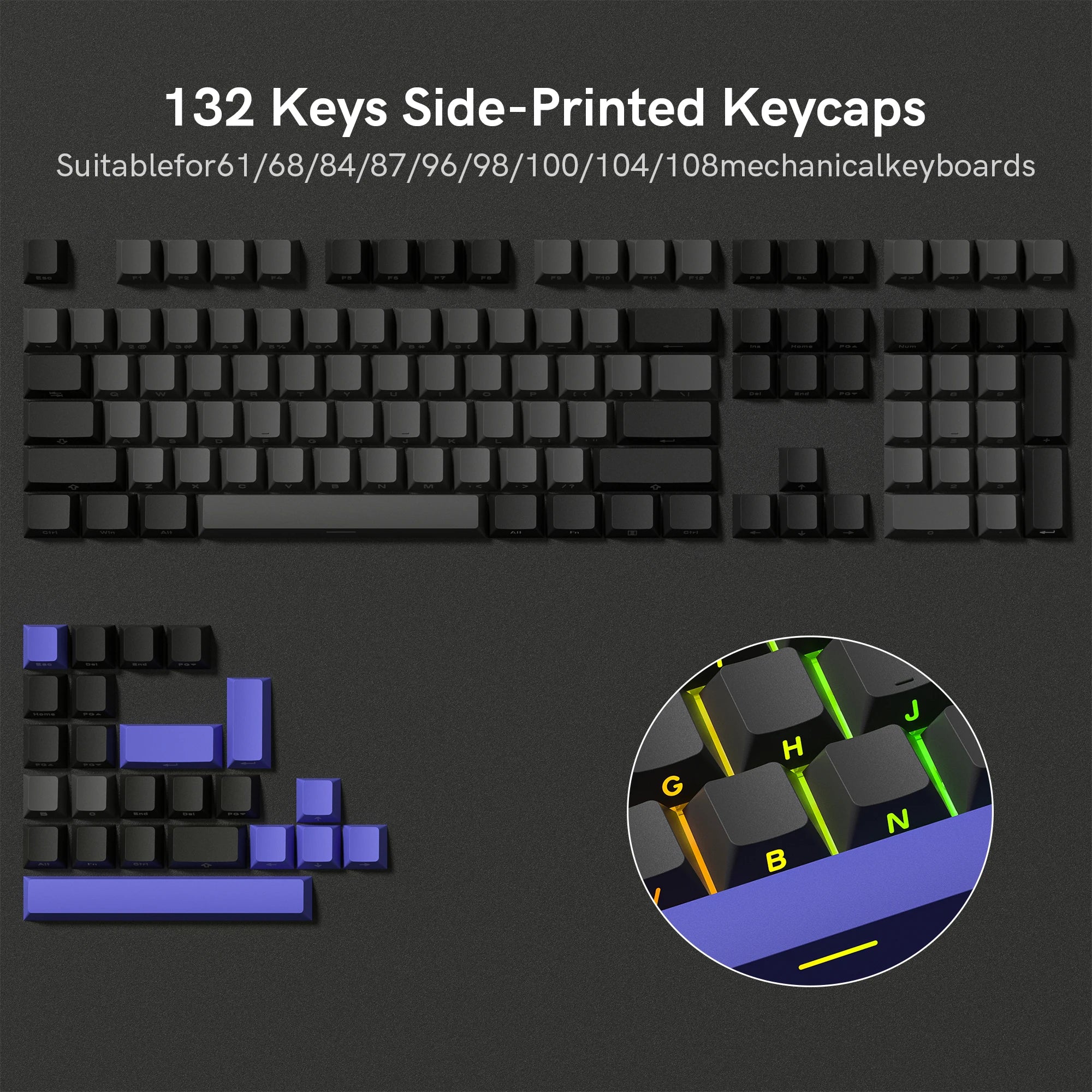 136 Key Polar Day PBT Double Shot Side Print Shine through Backlit Keycaps for MX Mechanical Keyboard 108 96 87 NJ80 84 68 64 61