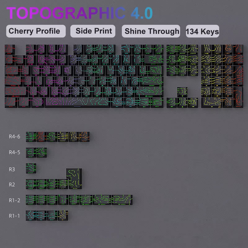 134 Key Black Topographic 4.0 PBT Keycaps Double Shot Side Print Shine through Backlit Key Caps for MX Gamer Mechanical Keyboard
