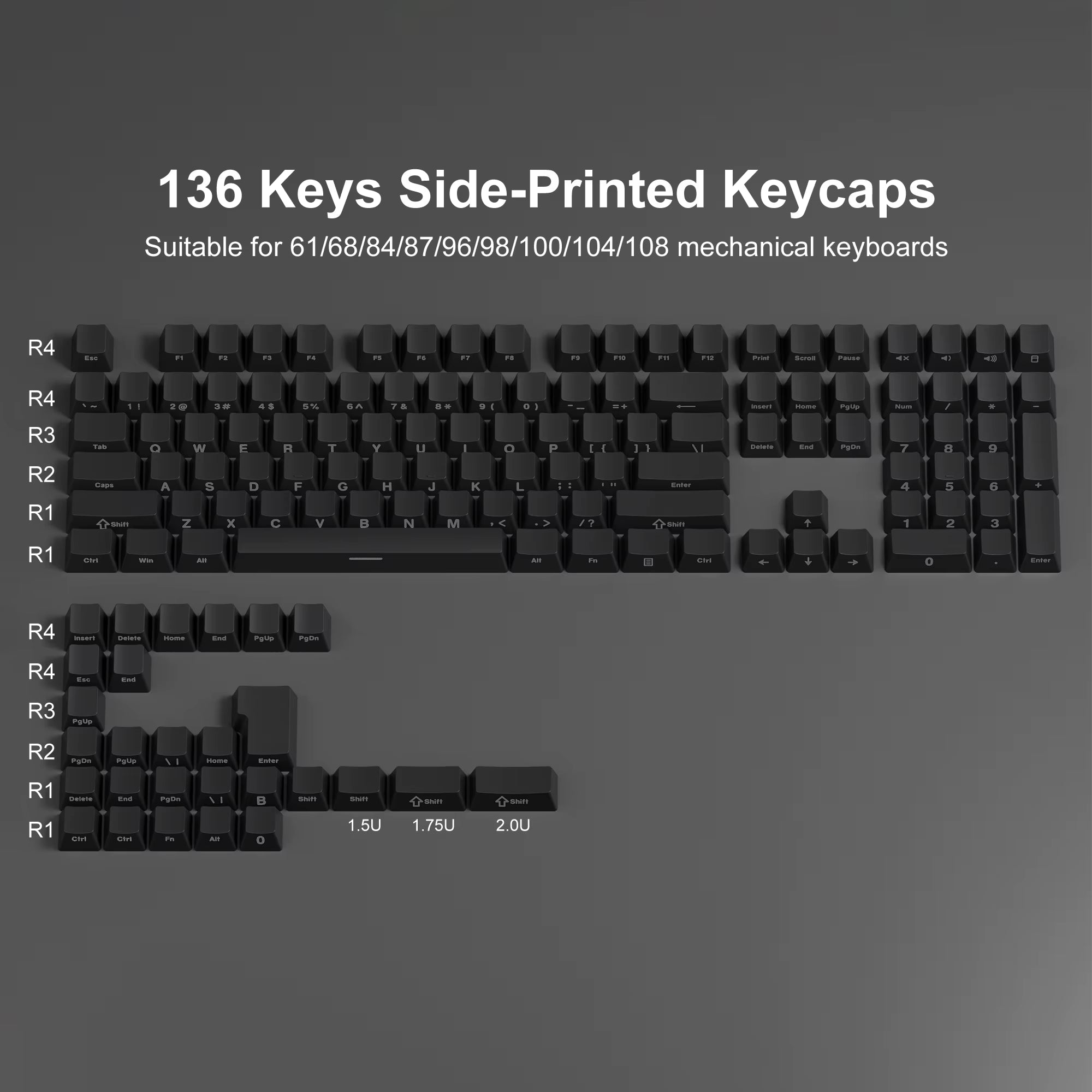 134 Key Black Topographic 4.0 PBT Keycaps Double Shot Side Print Shine through Backlit Key Caps for MX Gamer Mechanical Keyboard