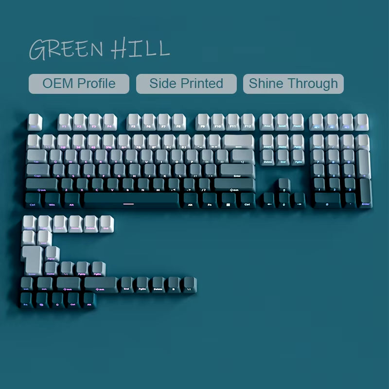 135 Keys Gradient Green Shine through Keycaps Side Printed PBT Double Shot Keycaps OEM Profile for MX Switches Gaming Keyboards