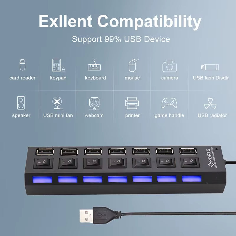 Switch Extension Hub 7-Port USB2.0 Hub Computer USB Extension Hub One Drag Seven USB2.0 Splitter PC Laptop Desktop