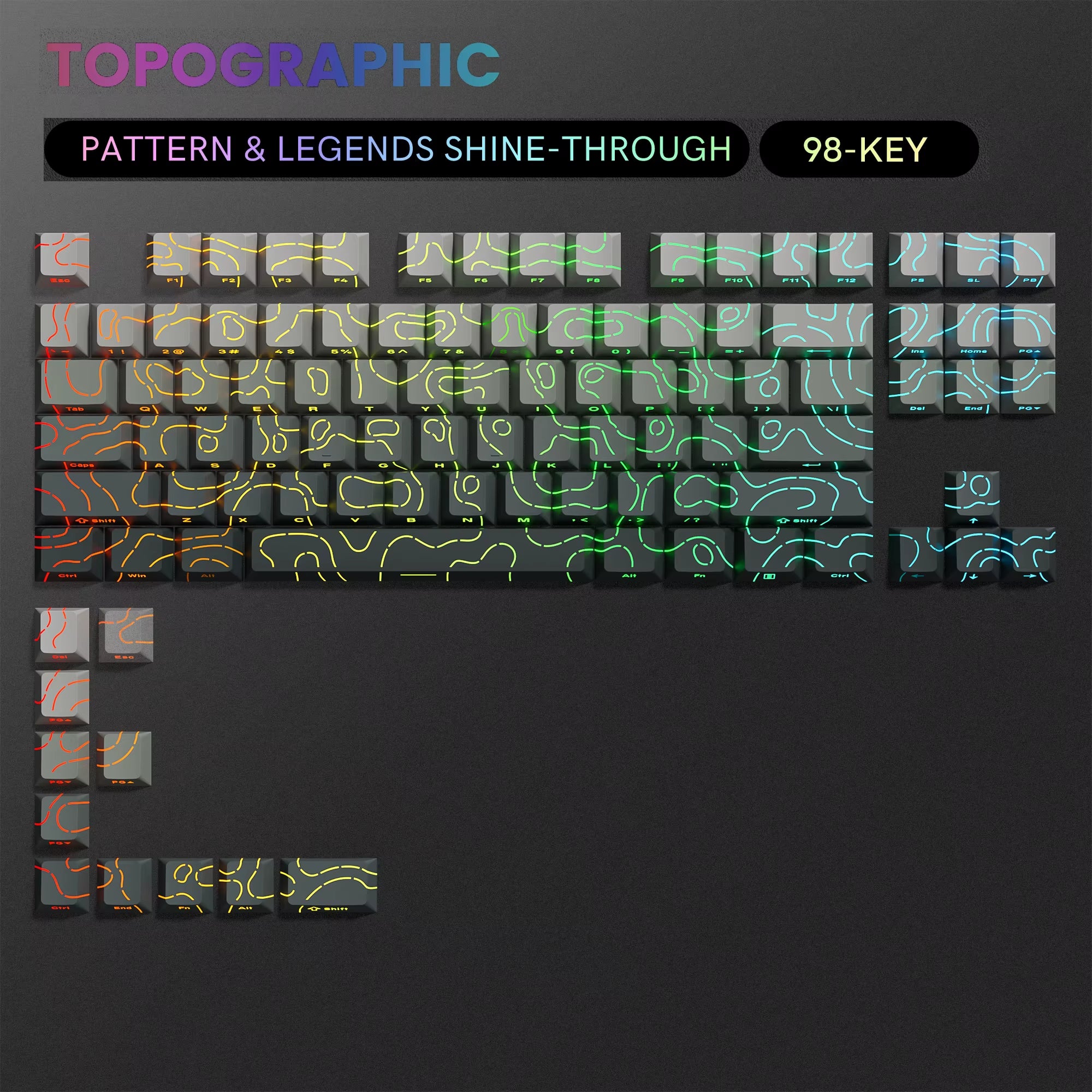 134 Key Black Topographic 4.0 PBT Keycaps Double Shot Side Print Shine through Backlit Key Caps for MX Gamer Mechanical Keyboard