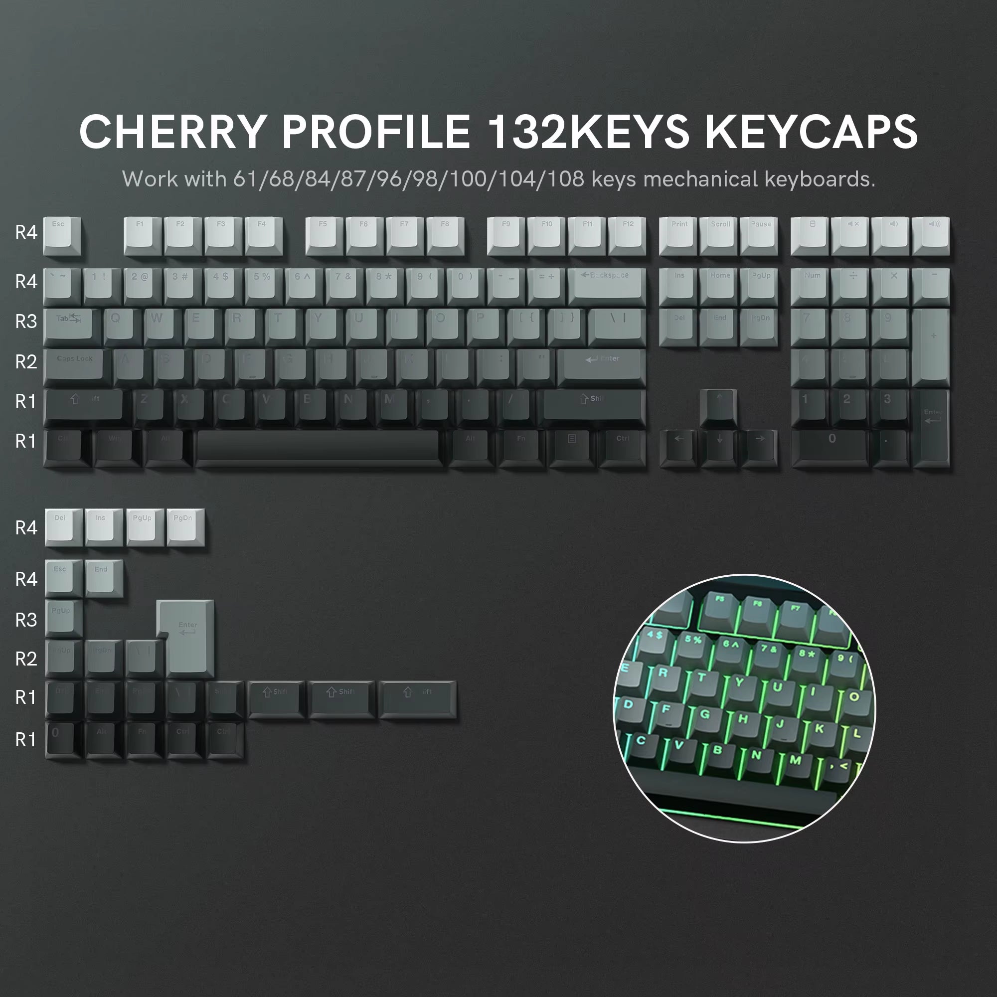 134 Key Black Topographic 4.0 PBT Keycaps Double Shot Side Print Shine through Backlit Key Caps for MX Gamer Mechanical Keyboard
