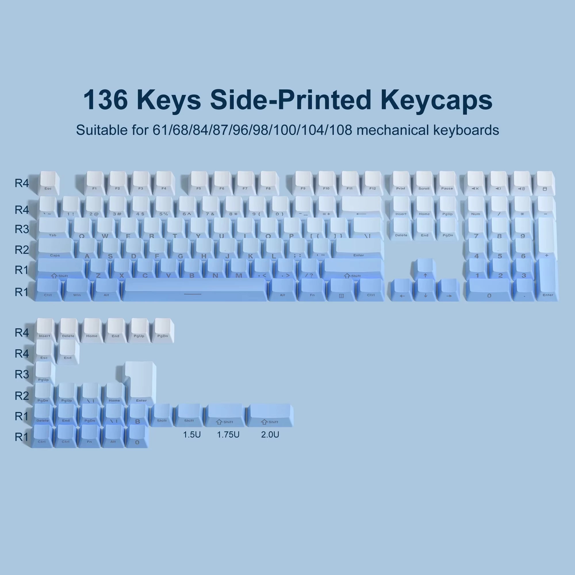 136 Key Polar Day PBT Double Shot Side Print Shine through Backlit Keycaps for MX Mechanical Keyboard 108 96 87 NJ80 84 68 64 61
